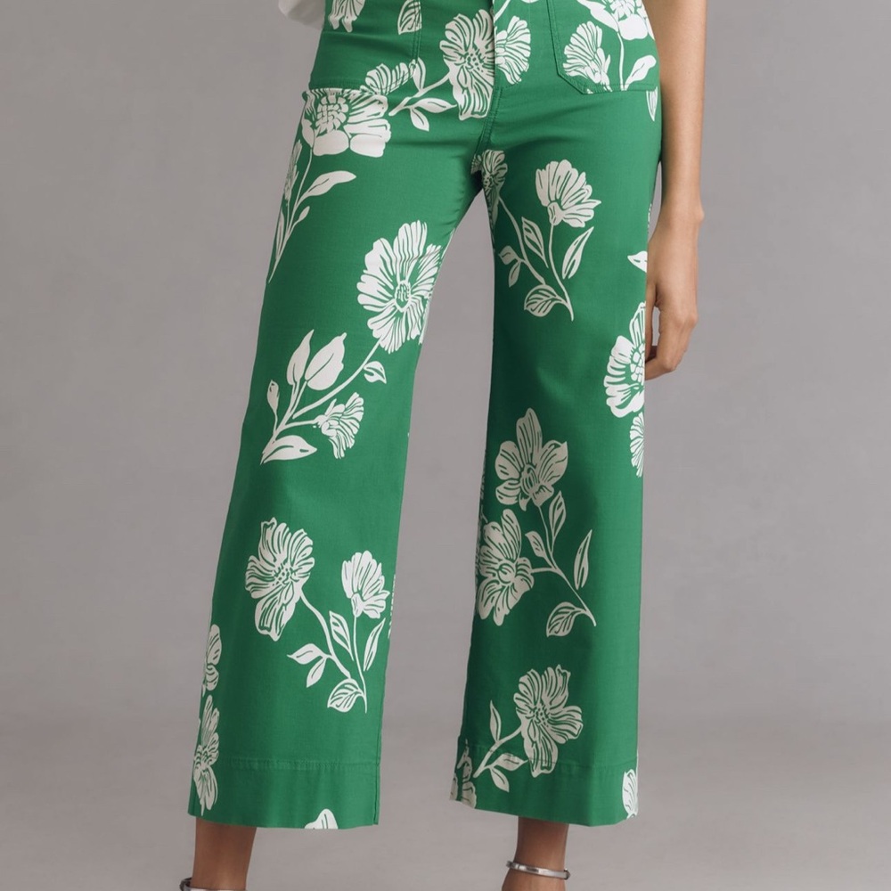 The Colette Magic Fabric Crop Wide Leg Pants- Green Floral from Anthropologie